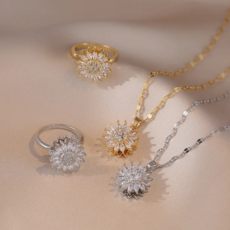 Stainless Steel Sunflower Spinner Necklace&earring Set Gold-plated Inlay Rhinestone Fidget Anti Stress Anxiety Jewelry for Women