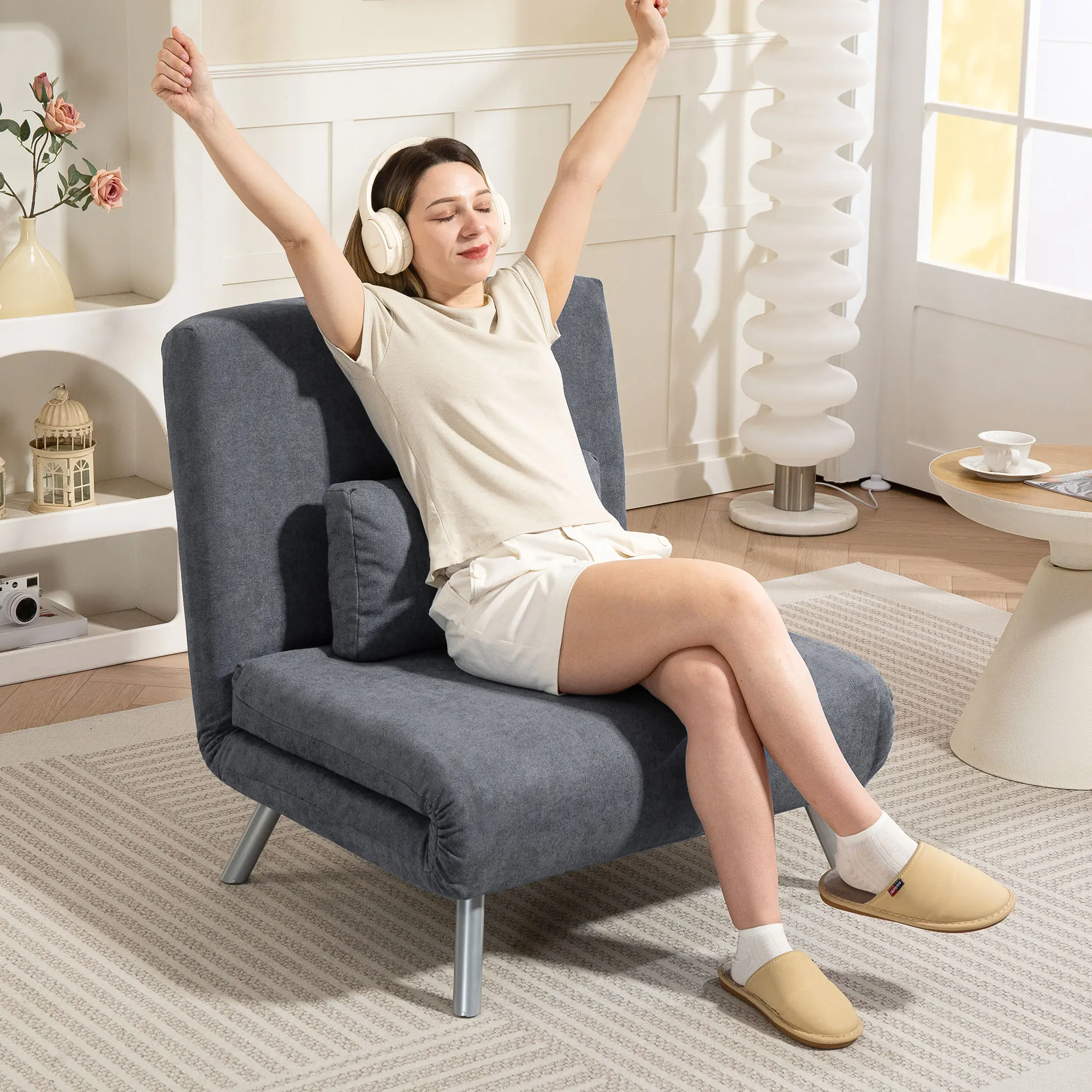 HOMCOM Canapé-lit pliant 3-en-1 avec fonction lit, fauteuil inclinable avec dossier réglable, coussin amovible, aspect velours, lit d'appoint jusqu'à 120 kg, canapé-lit pour le salon, gris foncé/bleu
