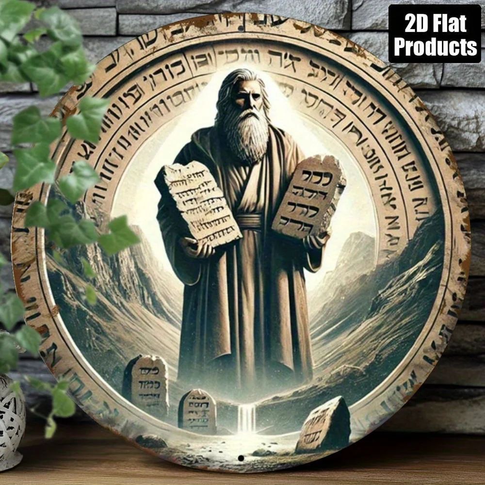 2D Metal Sign 8x8 Inch Round Aluminum Wall Art Bible Theme Moses Ten Commandments Ancient Scroll Style for Home Kitchen Studio C