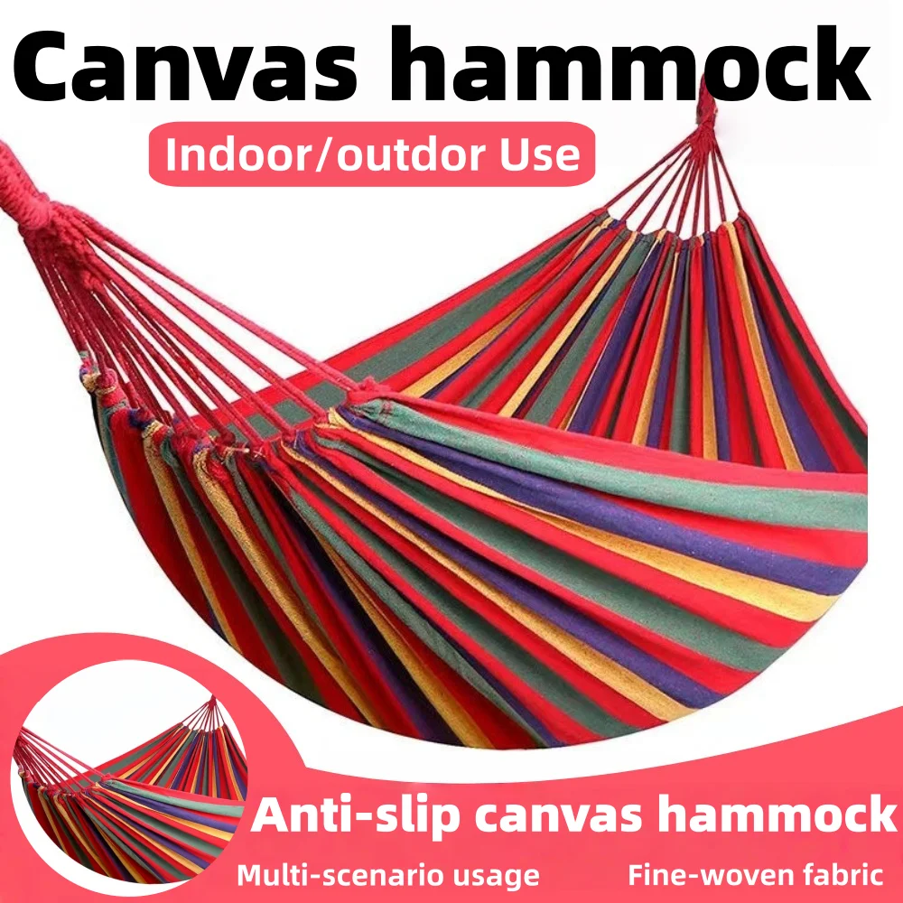 أرجوحة قماشية خارجية أرجوحة مزدوجة لشخص واحد بخطوط ملونة وعصا منحنية من البوليستر مضادة للانزلاق متينة لحديقة الفناء #1