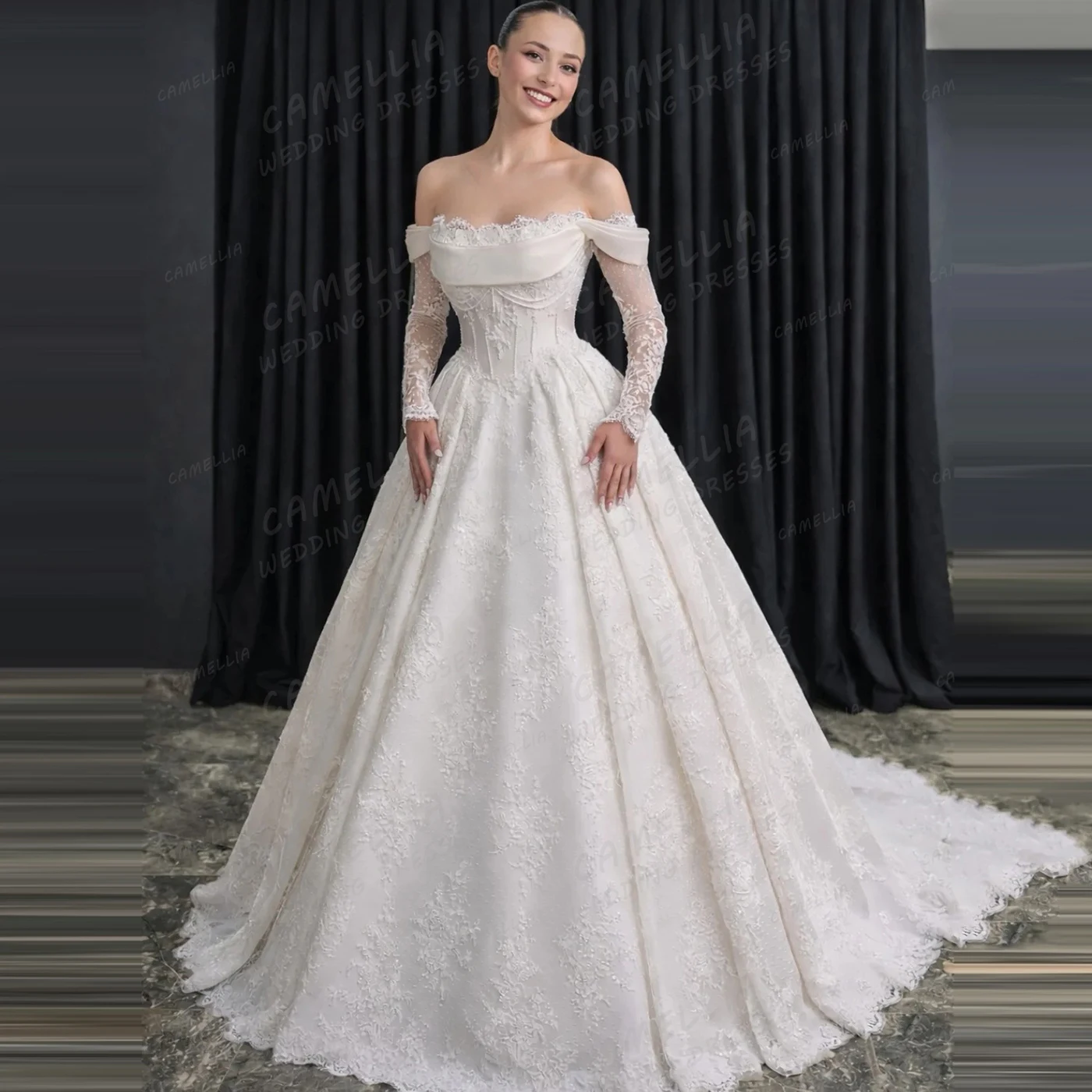 Elegante Brautkleider für Damen, A-Linie, schulterfrei, mit Applikationen, Brautkleider mit langen Ärmeln, individuell gestaltet, свадебное платье