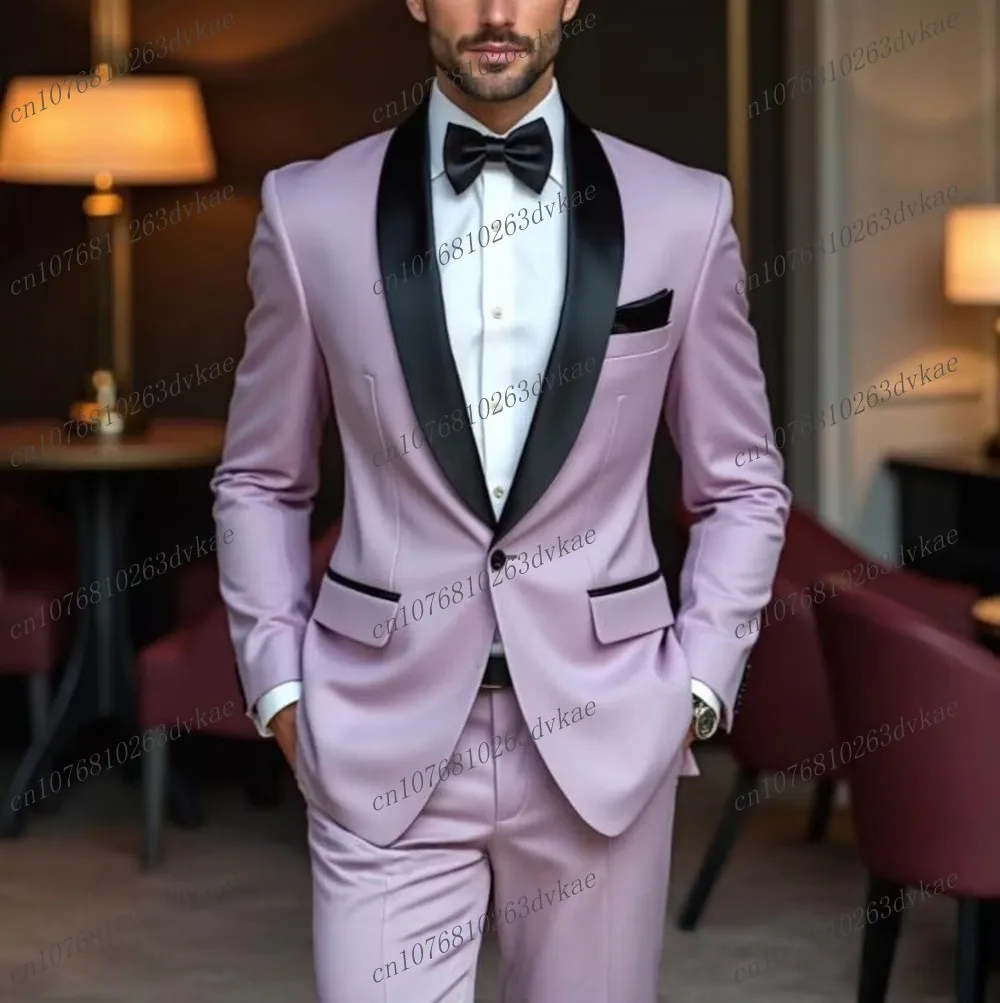 

Black Collar Lavender Business Men Suit Groom Groomsman Wedding Party Prom Formal Occasion Male Tuxedos 2 Piece Set Blazer Pants