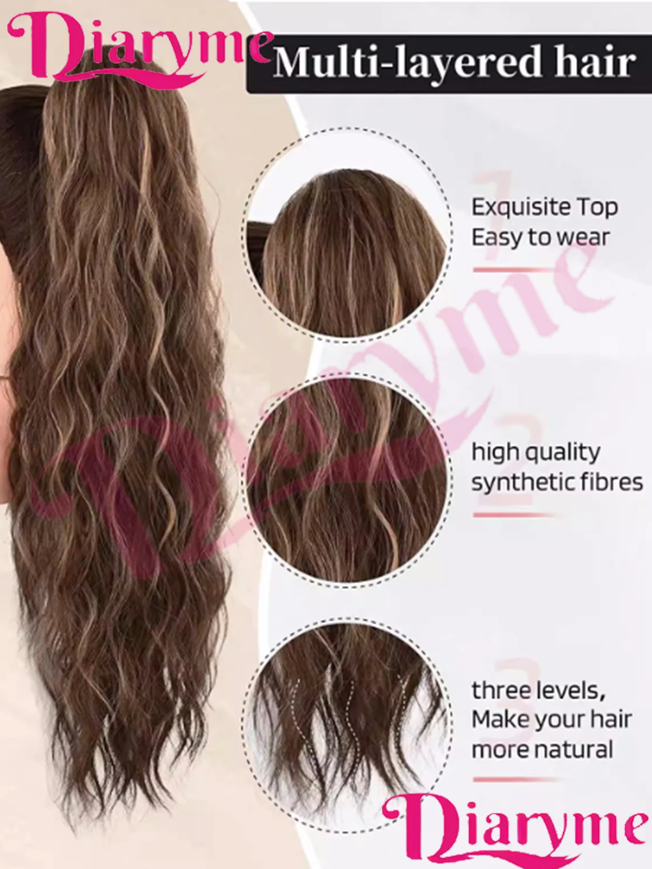 

24-дюймовый кудрявый хвост из синтетического волокна с эффектом водной волны, на завязках, с сетчатой шапочкой, пышный и естественный, удобный в носке.