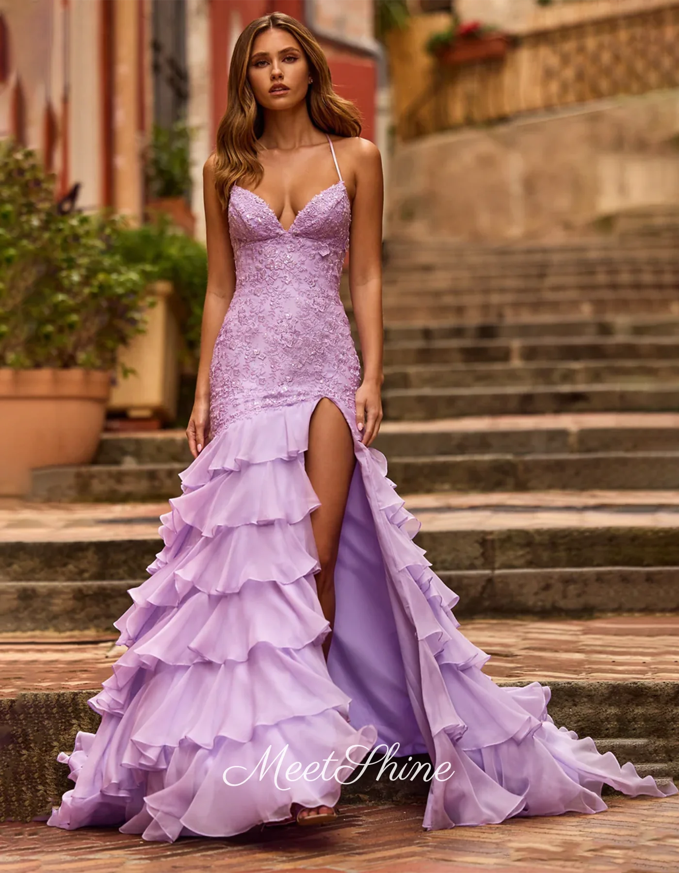 Robe de soirée sirène en dentelle, Sexy, bretelles Spaghetti, lilas, élégante, fente latérale haute, chérie, robe de bal de mariage formelle, personnalisée