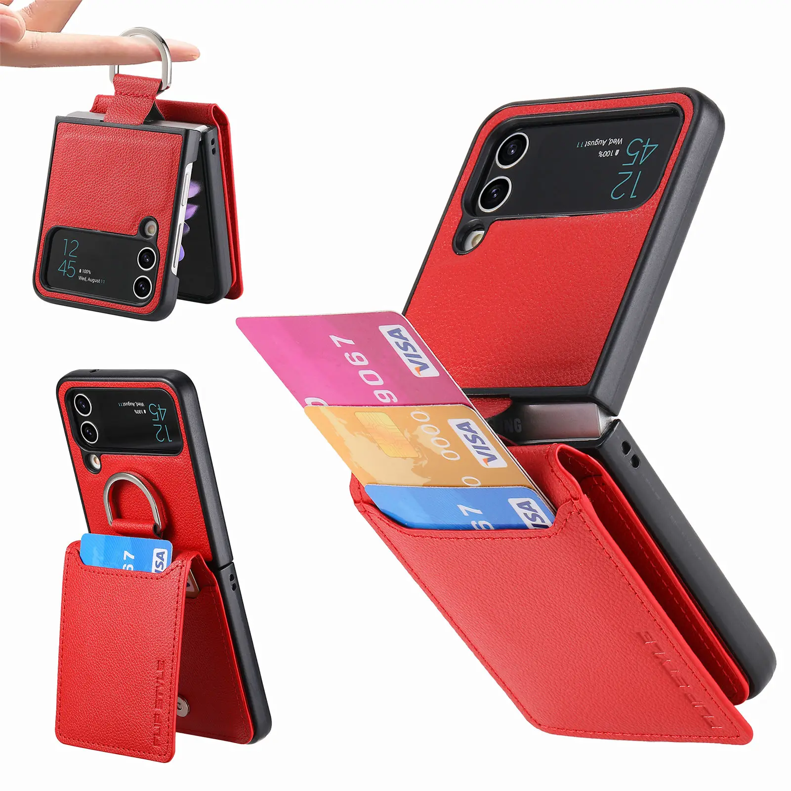 Vertical Cards Solt Magnetic Wallet Ring Holder Leather Case for Samsung Galaxy Z Flip 8 7 FE 6 5 4 Flip4 5G Zflip4 Stand Cover