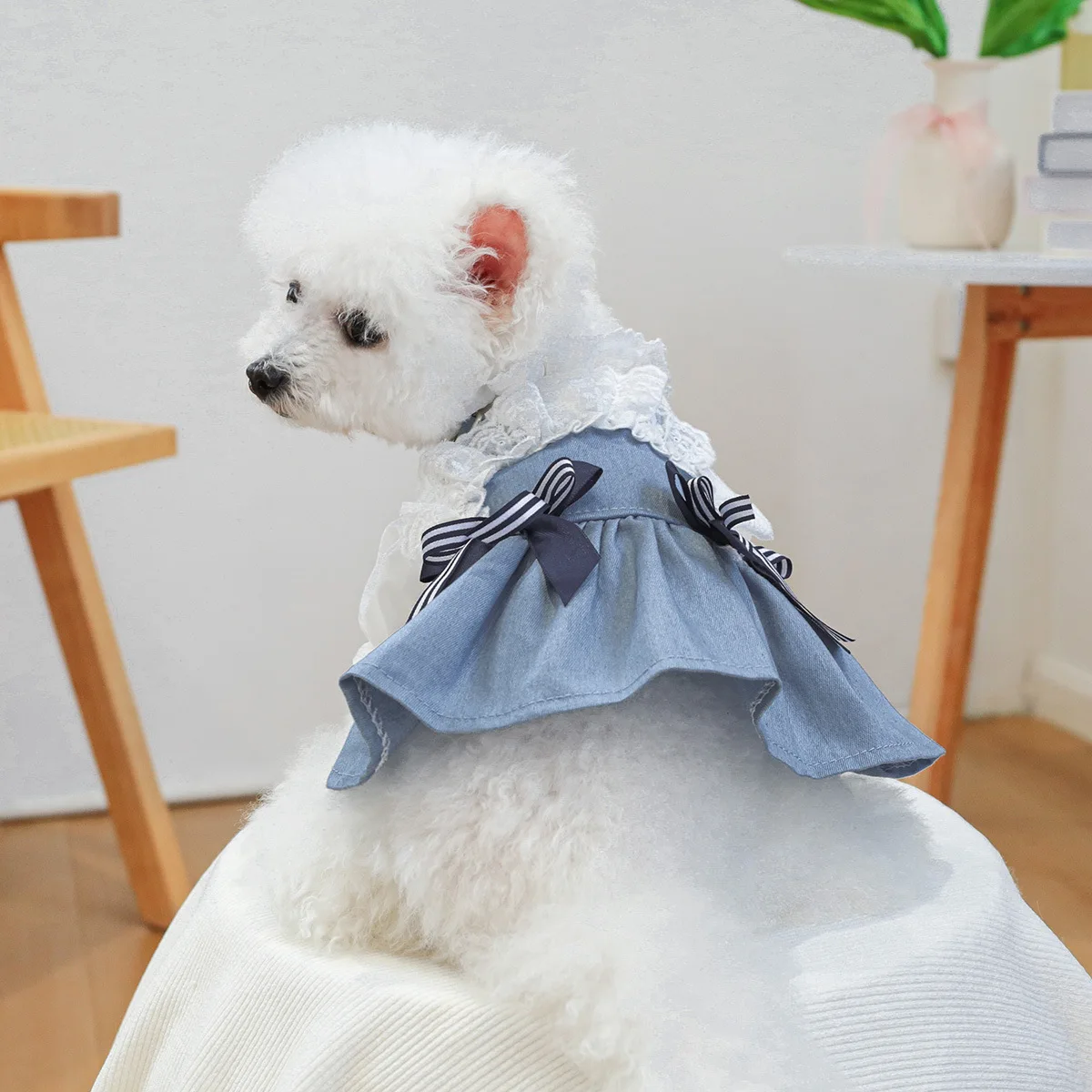 

Small Size Cute Blue Denim Dog Dress with Bow Knot Solid Pattern Summer Apparel for Puppy Girls and Cats Dark Blue