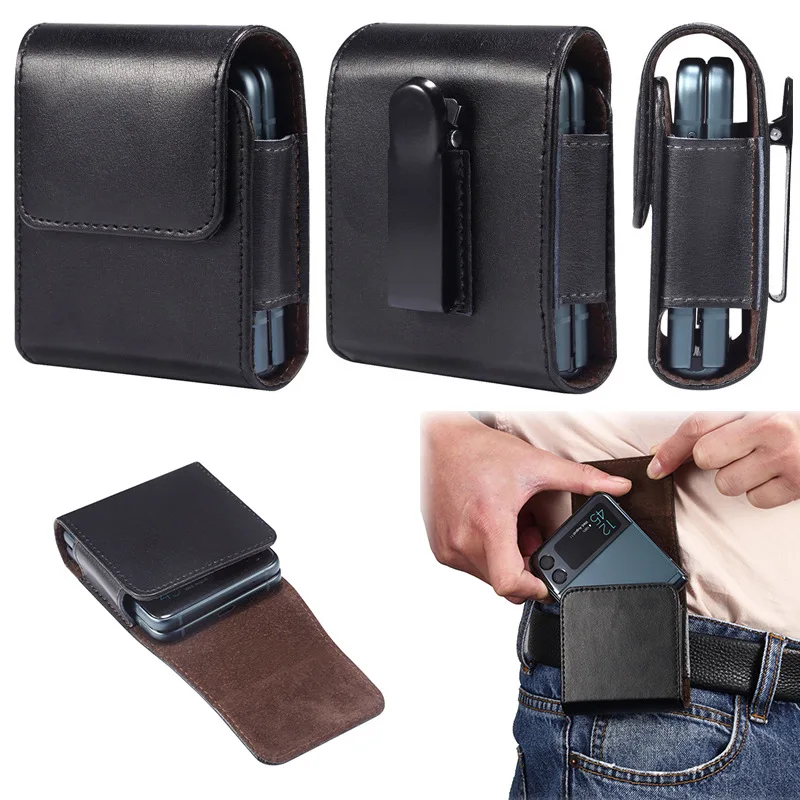 Holster Case Belt Clip Cover Genuine Leather For Samsung Galaxy Z Flip 4 3 2 5G Motorola Razr 5G Waist Bag Holster Flip Case