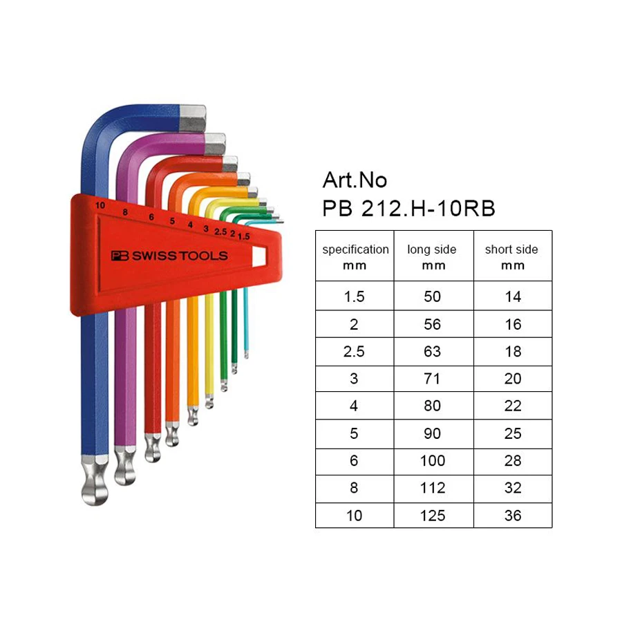 PB SWISS TOOLS 9Pcs Multifunctional Wrench Set with L-shaped Multicolor Long Ball Tip Wrench Hand Tools PB 212.H-10 RB