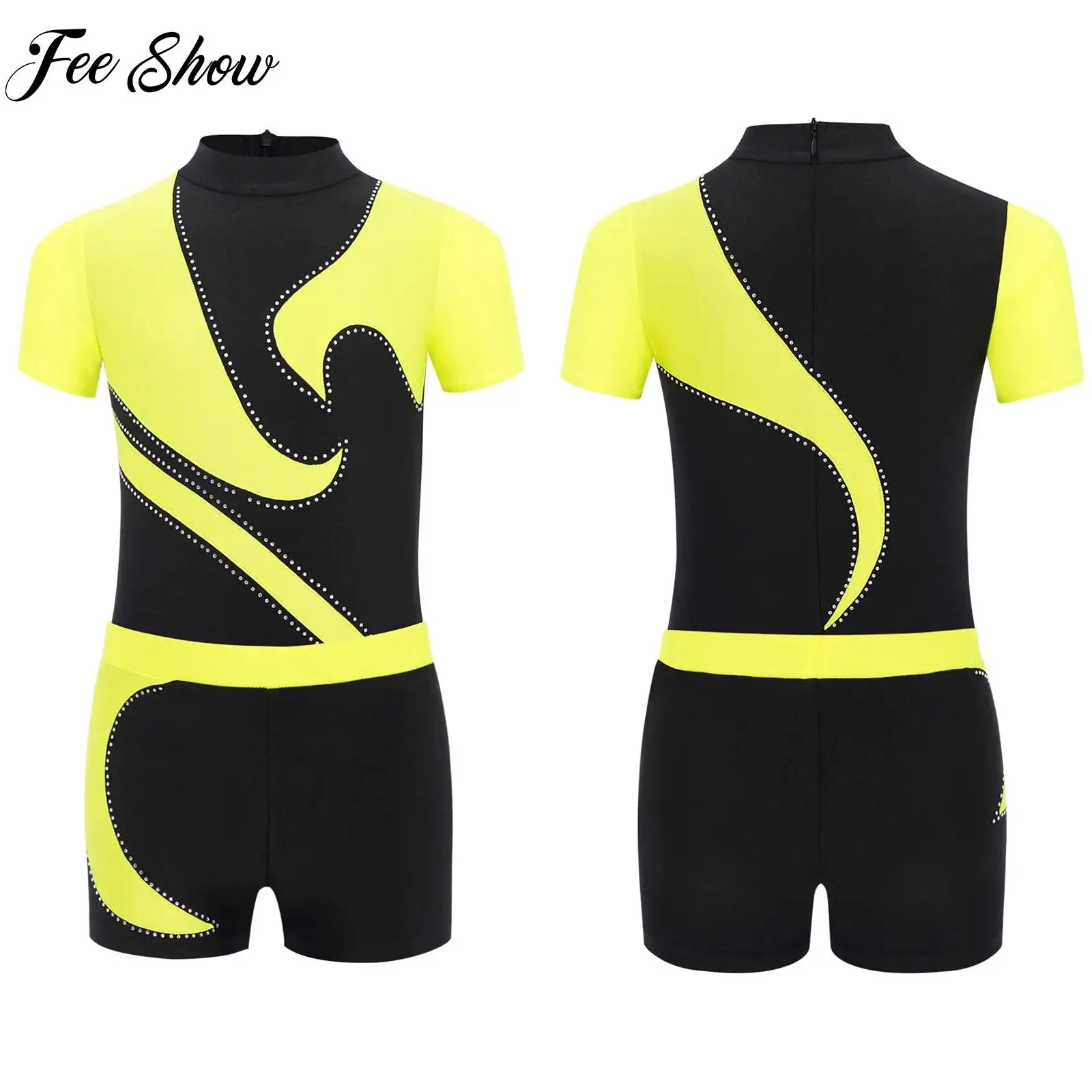 Boys Ballet Figure Skating Gymnastics Outfits Color Block Short Sleeve Leotard+Shorts Set Kids Performance Competition Dancewear
