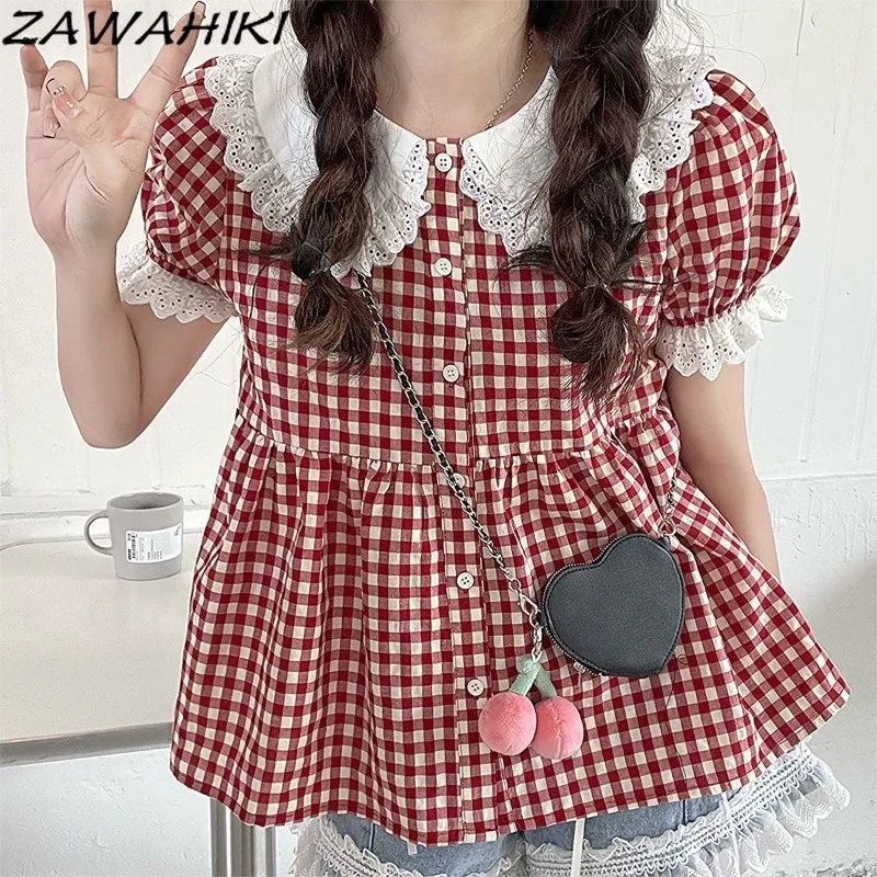 

Plaid Top Female Japanese Sweet Elegant Mujer Camisetas Puff Sleeve All Match Ropa Mujer Ruffles Lace Patchwork Women Clothes