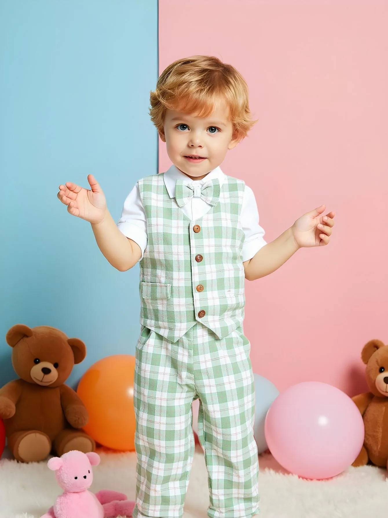 

3-piece boys' gentleman plaid suit, vest, long-sleeved shirt and trousers, suitable for the opening ceremony, birthday