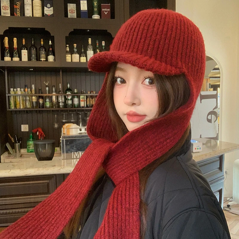 Korean Autumn Winter Wool Blended Baseball Cap Scarf Two-piece Set Thickened Thermal Ear Bomber Hat Integrated Knitted Hat Women