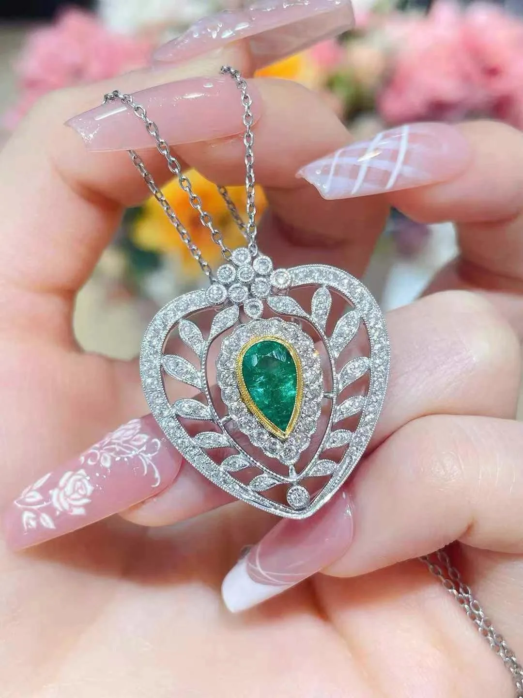 genuine luxury jewelry natural columbia emerald pendant 18K white gold with real diamond heart shape pendant fine women jewelry