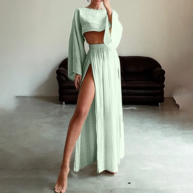 Solid Color Clothing Sets for Women 2 Pieces Slit Skirt Elegant Women\'s Sets Round Neck Top Fashionable Summer Clothes 2024 Lady