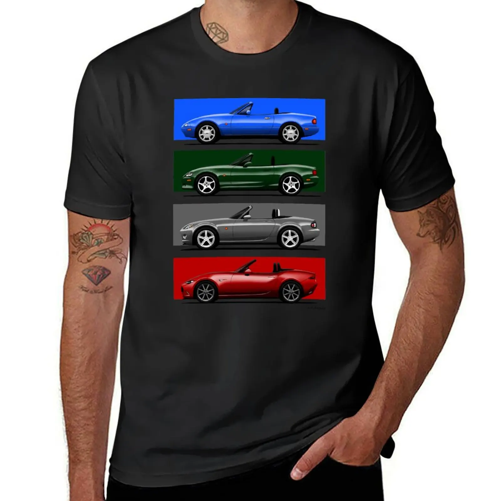 The four generations of the classic roadster convertible sports car in their iconic colors T-Shirt tees mens champion t shirts