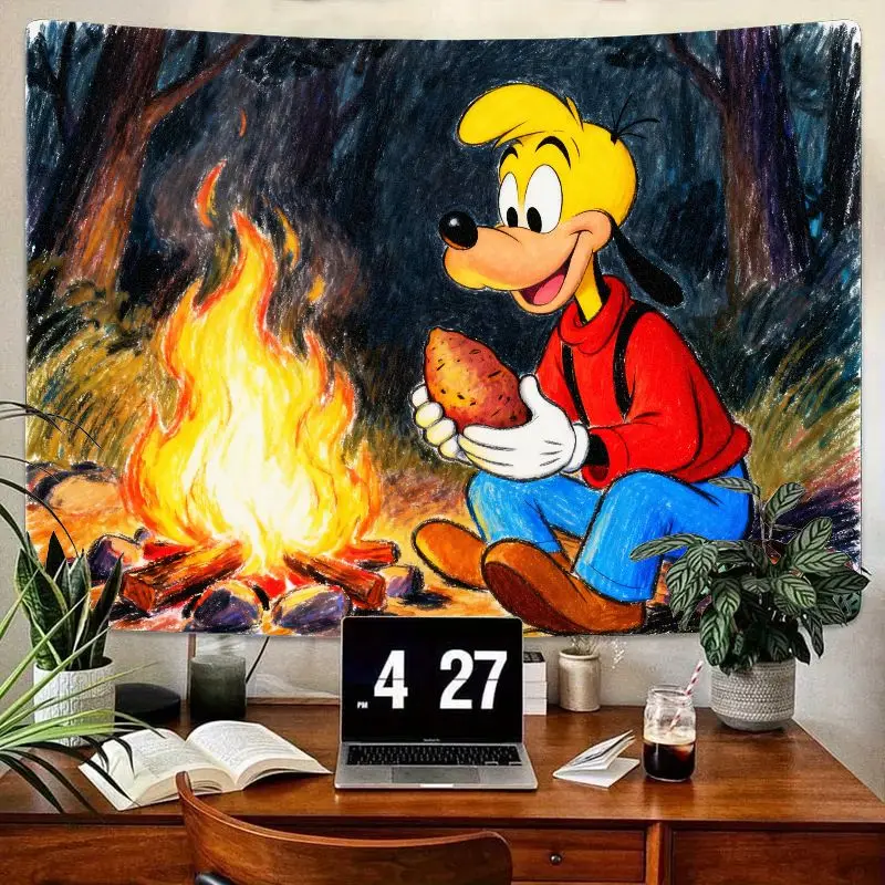 

1PC Disney Max Goof Cartoon Camping Tapestry, Fun Campfire Potato Wall Hanging, Modern Aesthetic Polyester Art for Bedroom Livin