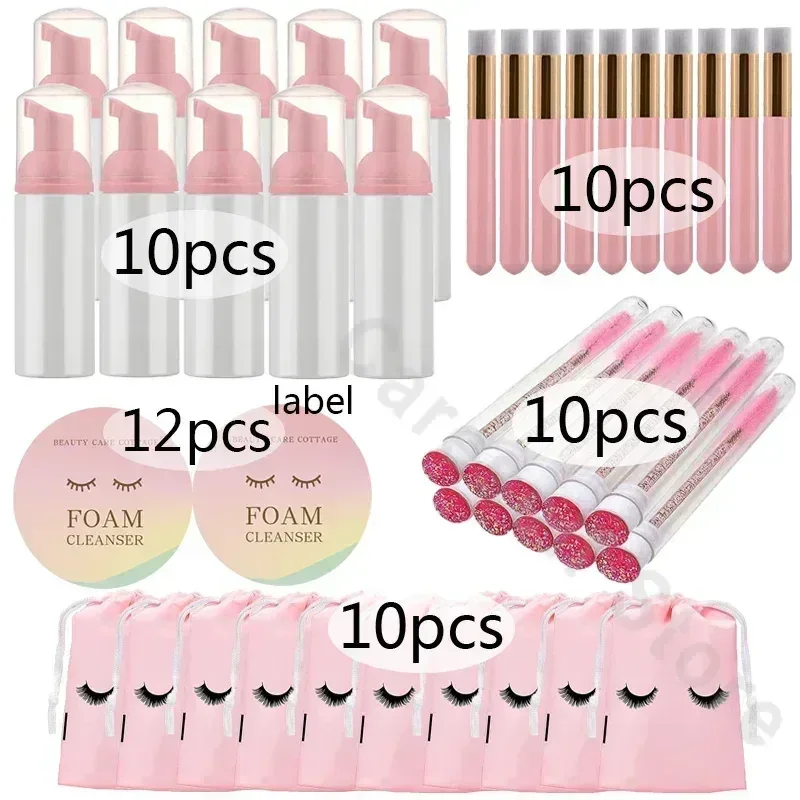 40PCS Cleaning Eyelash Set 60ML Empty Bottle Eyelash Shampoo Care Makeup Tool Plastic Foam Dispenser Bottle with 12pcs label