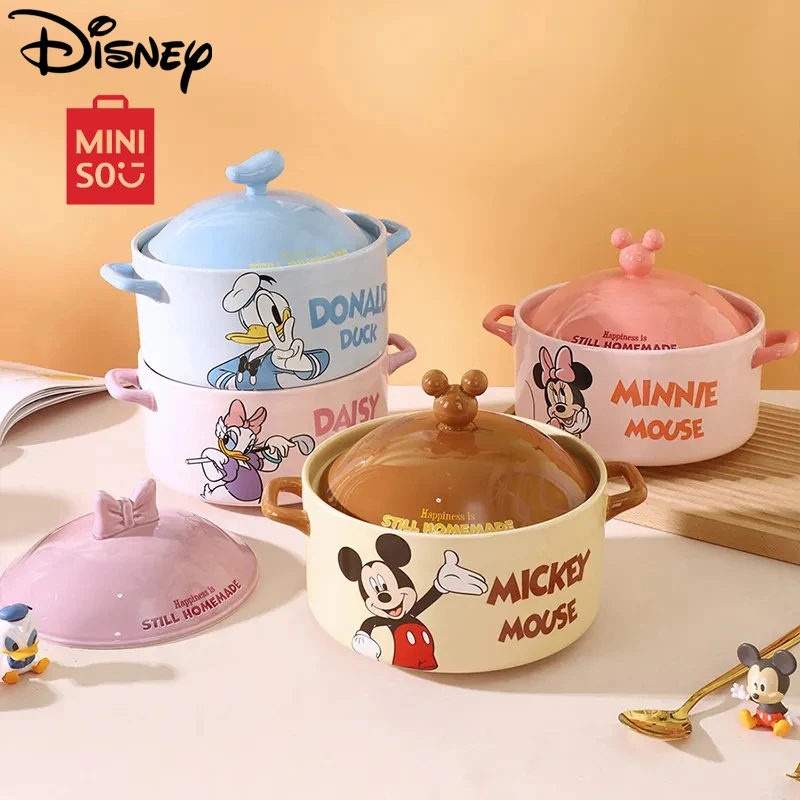 Miniso Disney Mickey Ramens Bowl Cute Printing Soup Bowl Cartoon Minnie Ceramic Soup Pot Kawaii With Lid Kitchen Tableware