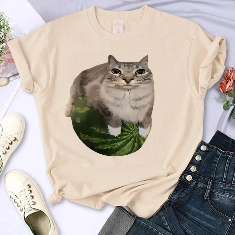 

Hot Sale Female Funny T Shirt Watermelon Cat Silly Cat Meme T-Shirt A Hilarious Watermelon Print T-Shirt A Stylish Top Women