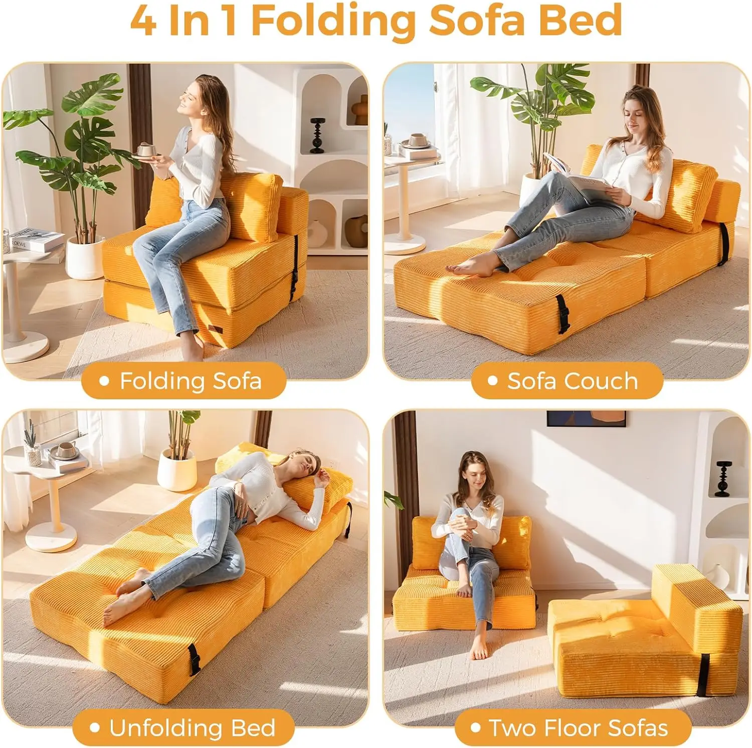 Folding Sofa Bed, Convertible Sofa Bed With High-Density Support Foam, Portable 4 In 1 Fold Out Chair To Floor Lounger,