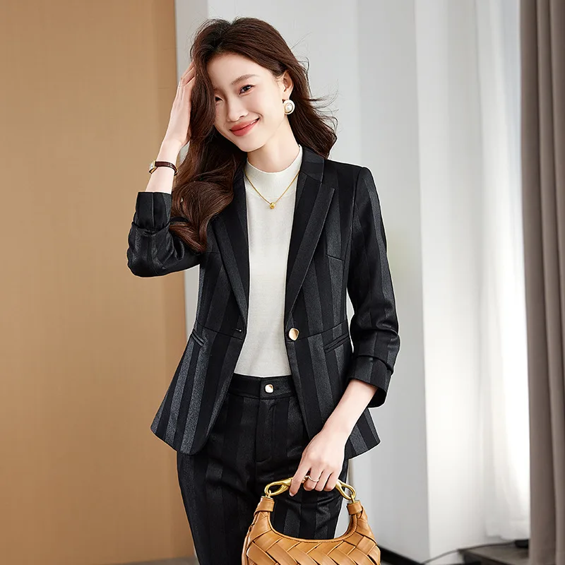 High-End Business Suit Women's Fashion Striped Temperament Casual Suit Jacket Business Interview Formal Wear Skinny Work Clothes