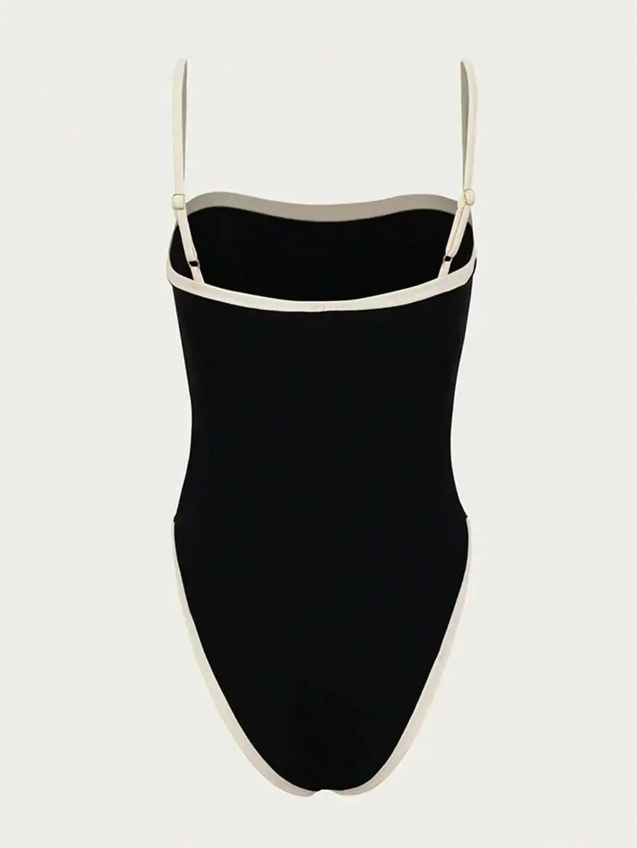 

Black Solid One Piece Swimsuit With Contrast Trim Straps For Beach Vacation Party