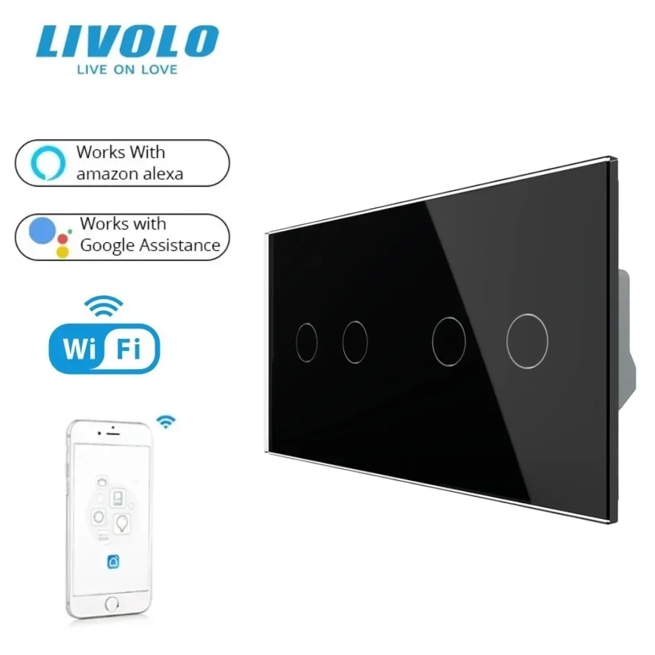 

Livolo EU Smart Wifi Touch Wall Switch 4 Gang AC 110-250V Tempered Crystal Glass Panel,Alexa Google Home APP Wireless Control