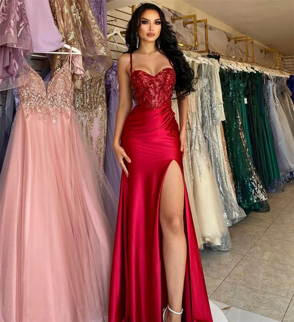 Robe de soirée formelle arabe rouge sexy pour femmes, col en cœur, appliques en dentelle, sirène, satin, robe de Rh, longueur au sol, robe de soirée, nouveau