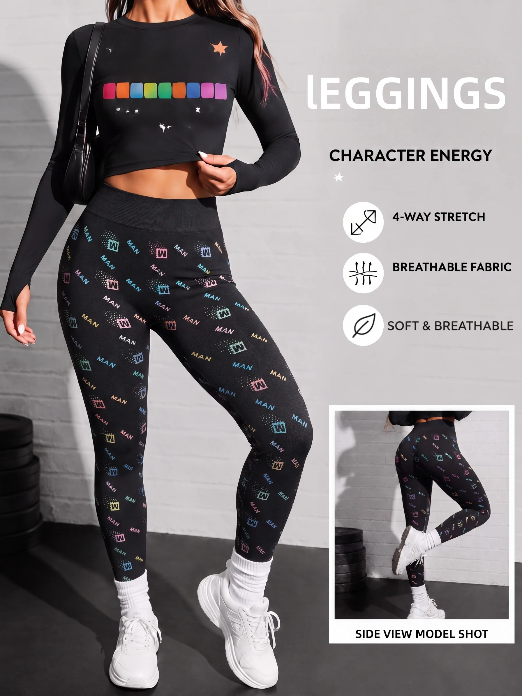 1er-Pack bunte Leggings mit Buchstabenmuster, hoher Taille, 4-Wege-Stretch, weiche, atmungsaktive, schmale Hose für Yoga, Laufen, Freizeitkleidung – Detail 1
