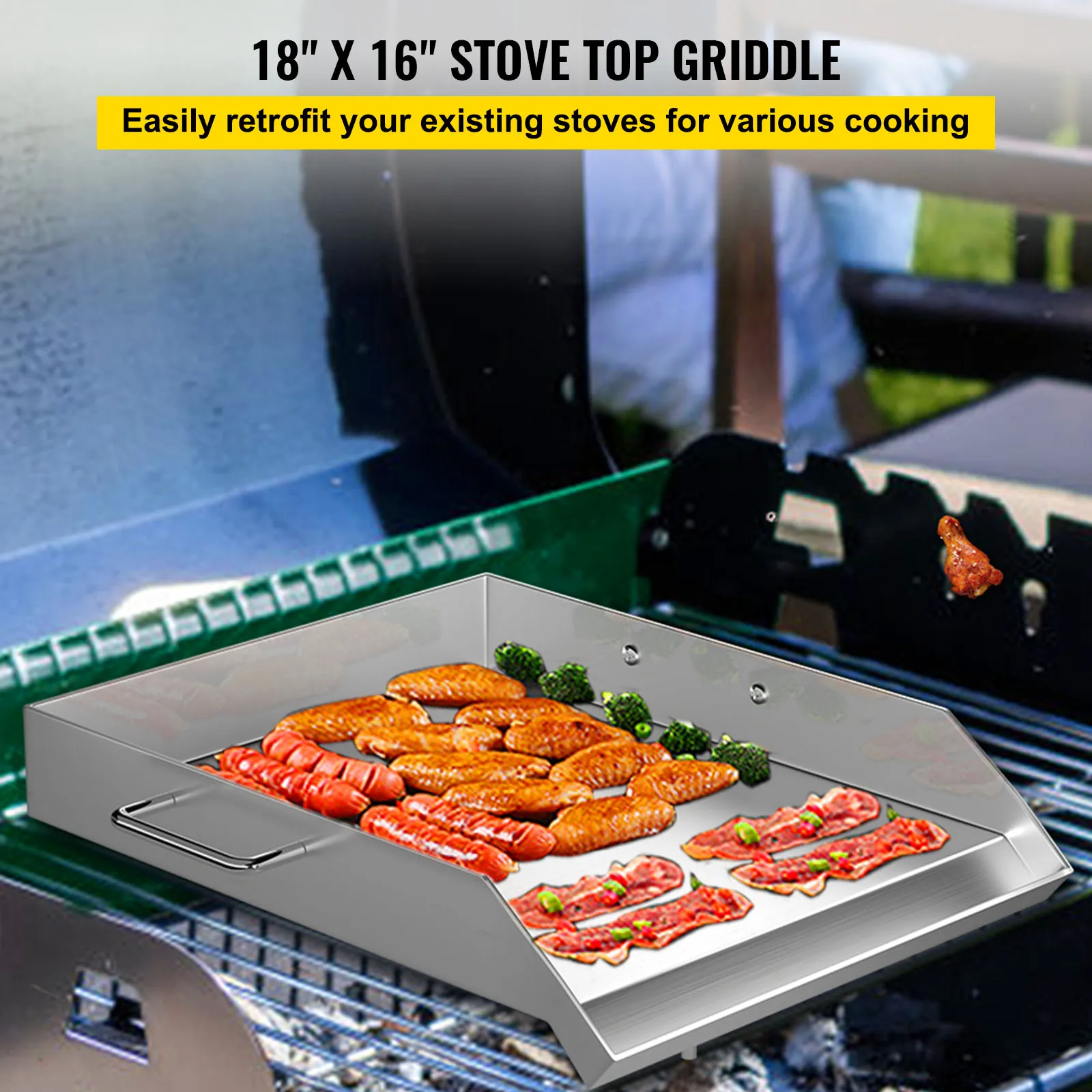 VEVOR Stainless Steel Griddle,18X16 In Universal Flat Top Rectangular Plate, BBQ Charcoal/Gas Grill for Camping,Tailgatin ,Party