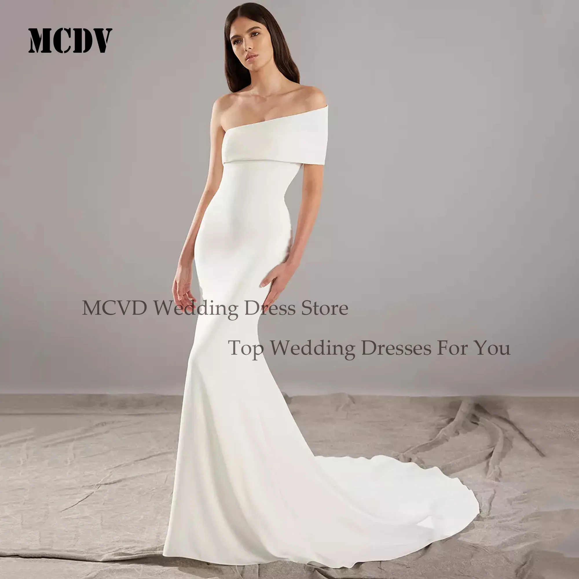 

MCDV One Shoulder Satin Bride Gowns Detachable Sleeve V Neck Wedding Party Dresses Mermaid Customized Elegant vestidos de novia