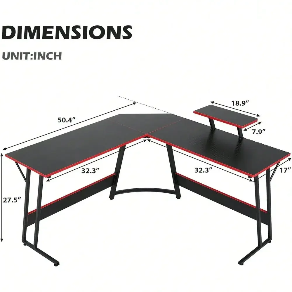 Desk L Shaped Desk, 50.4 Large Computer Desk With Shelves Carbon Fiber Desktop, Wood Computer Table Writing Work PC Desk For Be