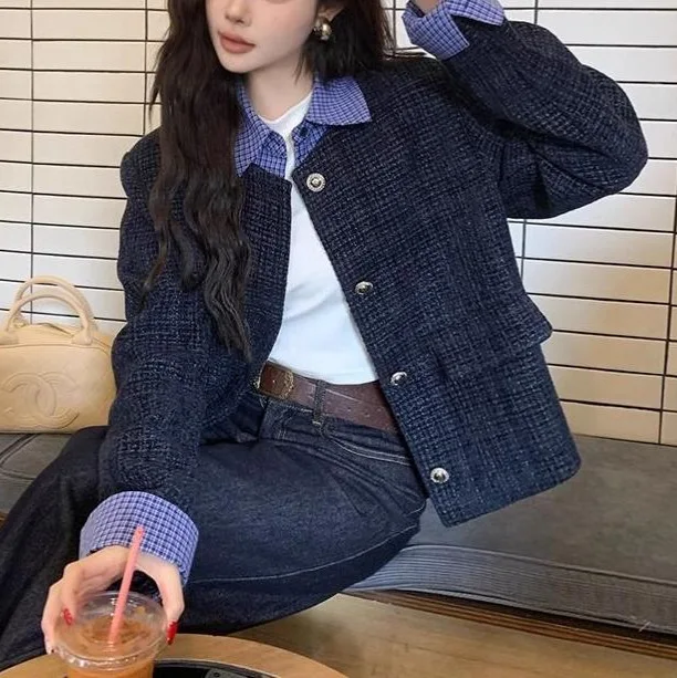 Navy Blue High-End Temperament Plaid Fragrant Short Coat Women's 2025 Autumn New Fashionable Foreign-Style Jackets