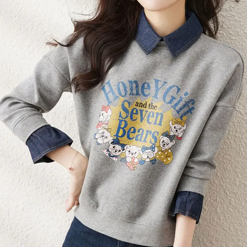 Casual Mode Cartoon Gedruckt Brief Sweatshirts Frühling Herbst Pendeln Denim Gespleißt frauen Kleidung Koreanische Lose Pullover