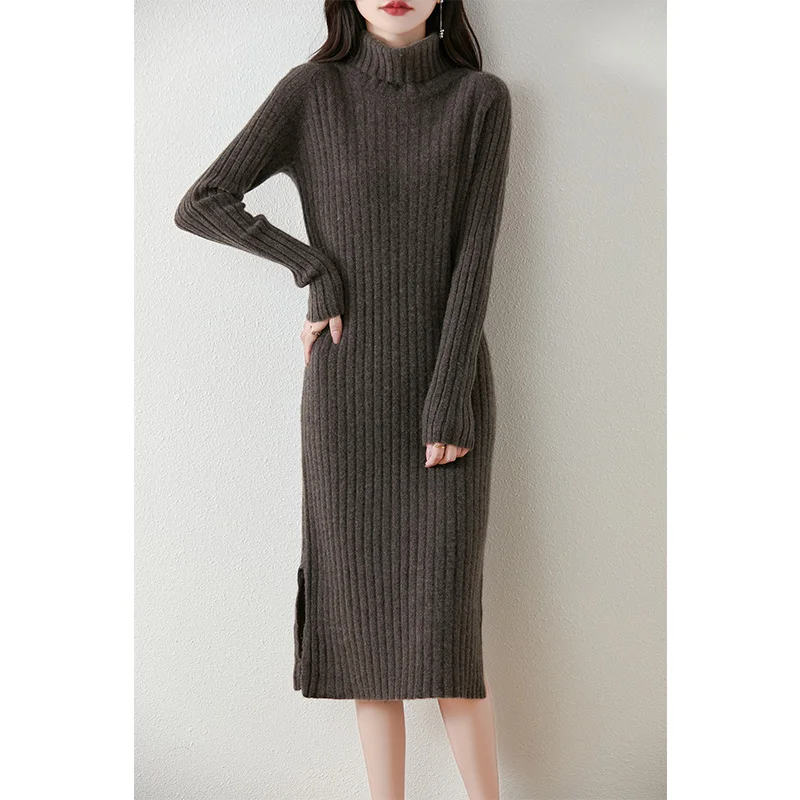 Women's Autumn/Winter Turtleneck Dress 100% Merino Wool Thickened Straight Tube Split Dress Korean Solid Color Basic Skirt