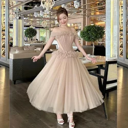 Customized Exquisite Crepe Applique Flower Pleat Ruched Handmade Flower A-line Off-the-shoulder Midi Dresses Celebrity Dresses M