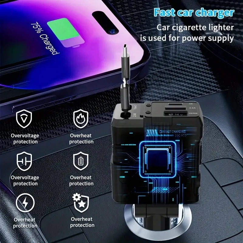 W&O 120W Retractable Fast Charging Car Charger, Type-C Mobile Phone Fast Charger for IOS Android, Overheat Protection