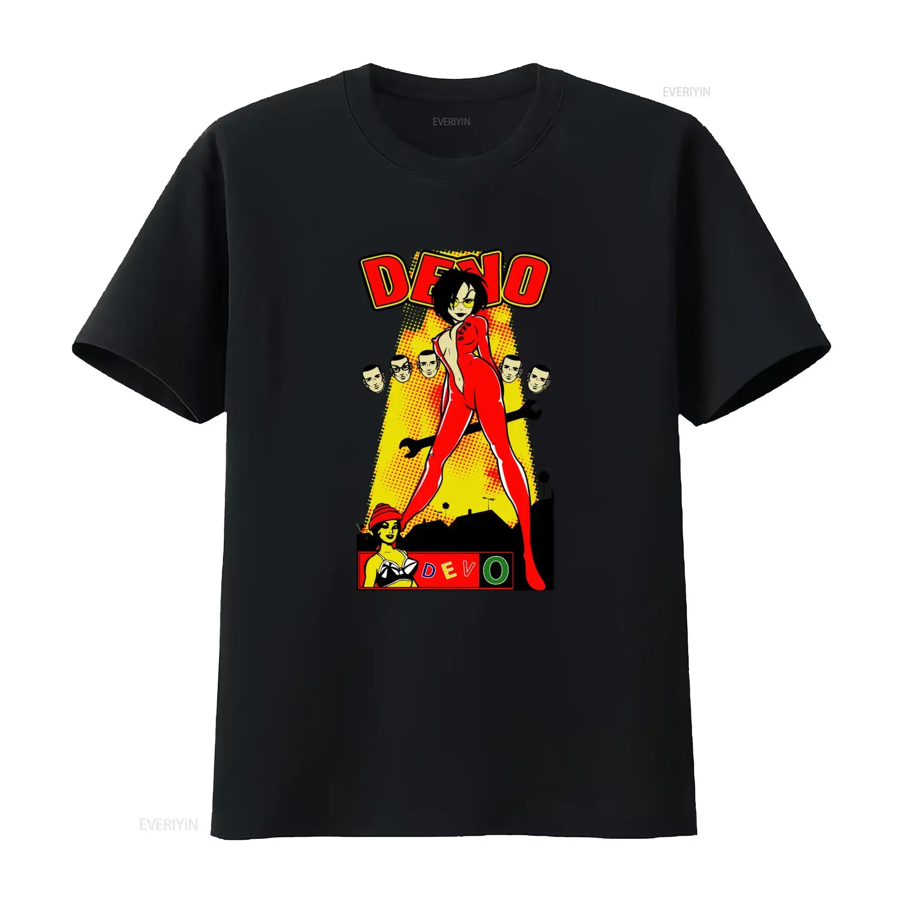 Retro Devo T Shirt Gerald Casale Mark Mothersbaugh Bob Comic Style Design Bold Colors Unique Print vintage Washed Stylish