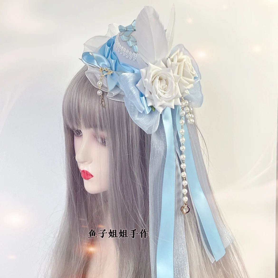 Lolita Suit Rose Hair Clip Hair Accessories Fedora Hat Women Lolita Flower Wedding White Blue Pink Feather Top Hat