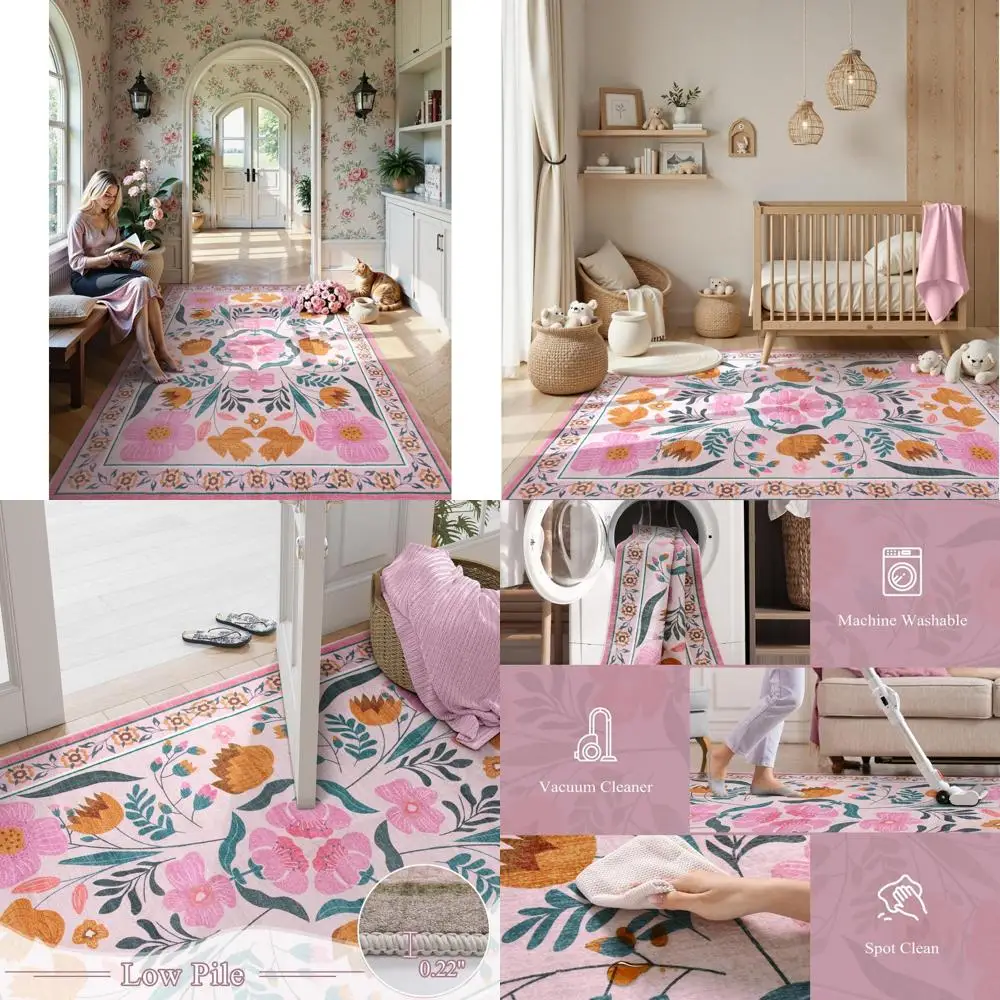 

Floral Bohemian Washable Area Rugs 8x10, Soft Bedroom Rug with Non-Slip Ultra-Thin Living Room Carpet, Vintage Farmhouse Style