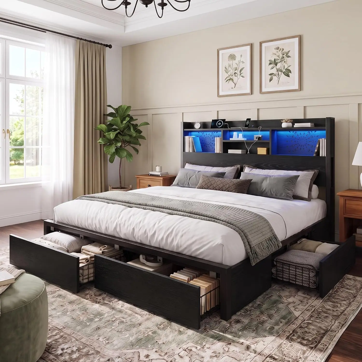 Queen Bed Frame with 6 Storage Drawers & Carving Headboard, Customized