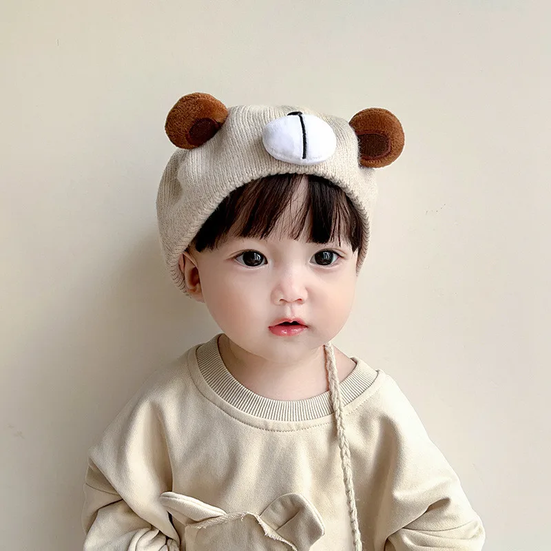 Fashion Knitted Baby Hat for Girls Candy Color Bear Elastic Infant Baby Beret Hat Kids Caps for Girls 1-4 Years 1 PC