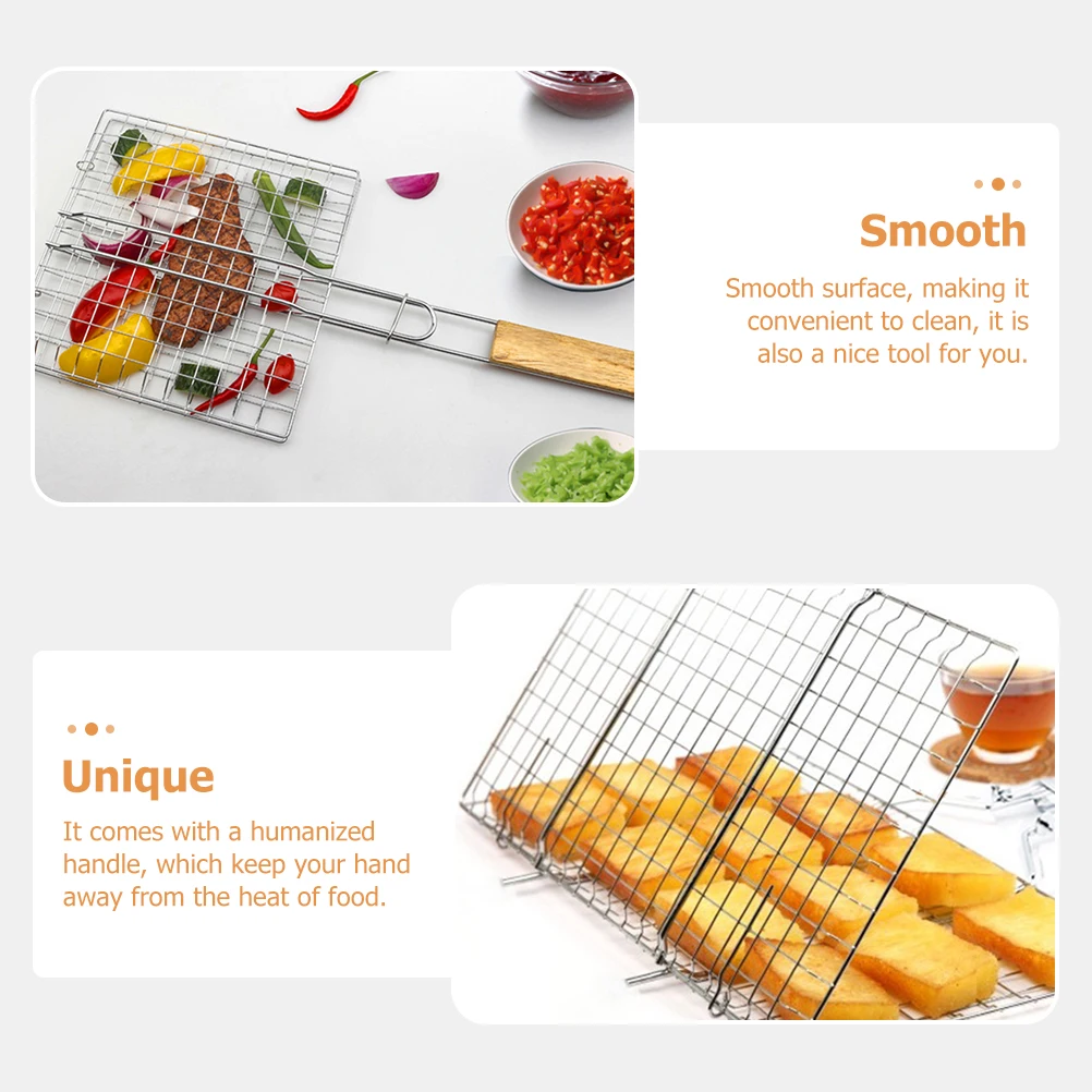 

Stainless Steel Bbq Grill Basket Wooden Handle Foldable Fish Grilling Rack Portable Outdoor Picnic Barbecue Tool Household