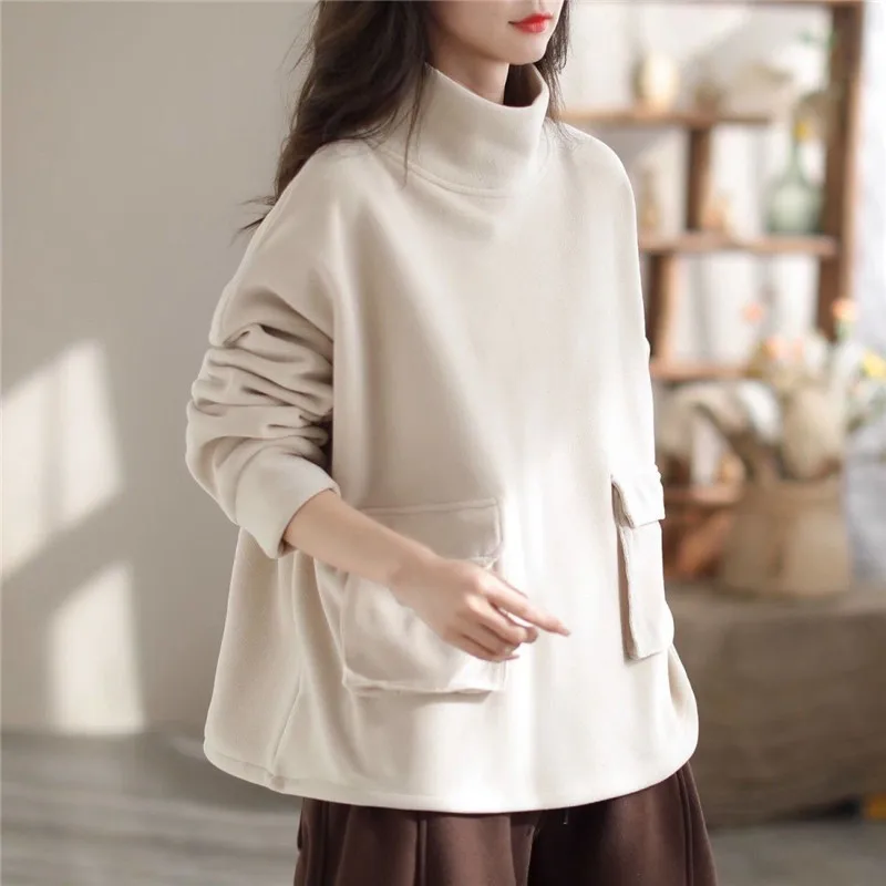 

New 2024 Autumn Winter Hoodie Warm Bottoming Fashion Women Solid Color High Neck Thick Casual Wearing Outside Pullover Coat