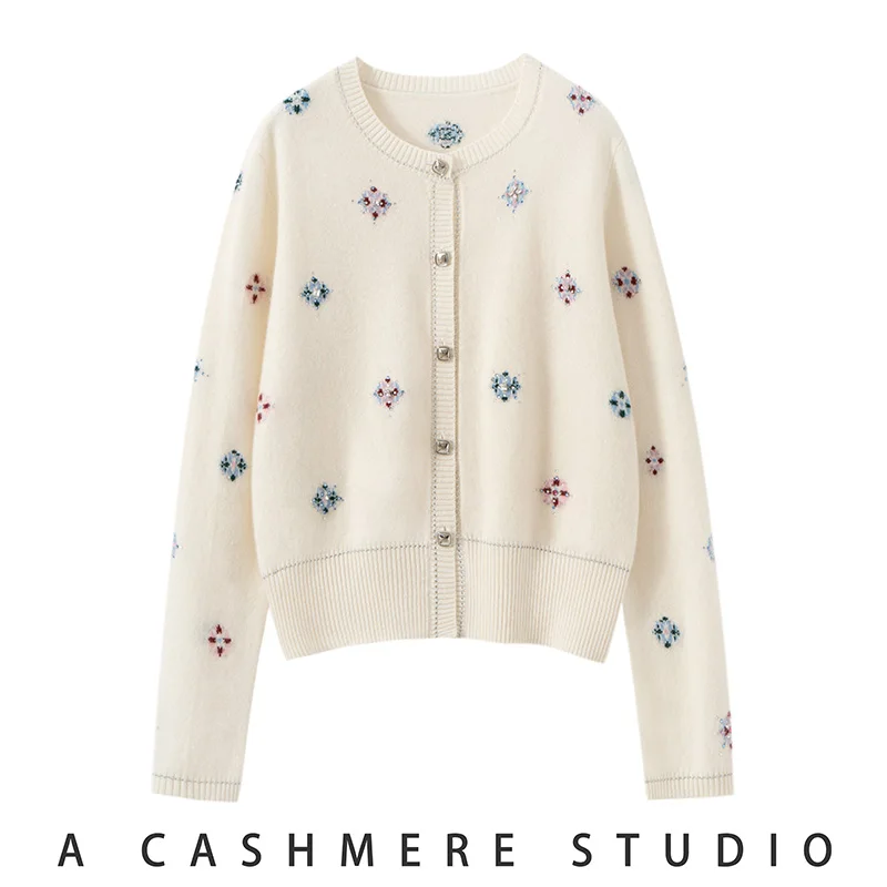 

Women's 100% Cashmere New Diamond Fashion Soft Elegant Lady Cardigan Sweater Autumn Winter Round Collar Cashmere Knitwear Tops