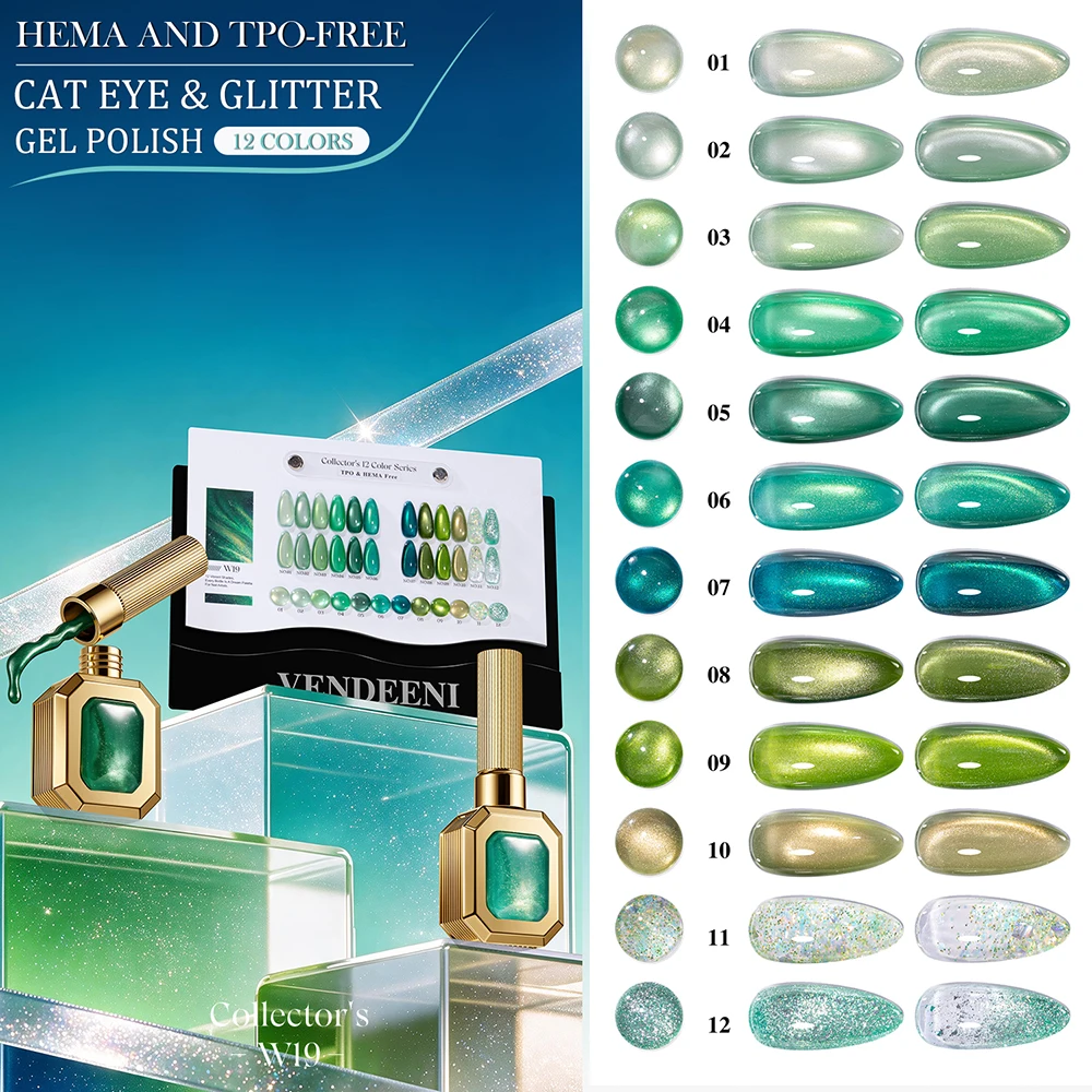 Vendeeni 12 Colors/Set Green Aurora Cat Eye Gel Nail Polish Magnetic UV Soak Off Gel Varnish Crystal Cat Eye Gel With Display