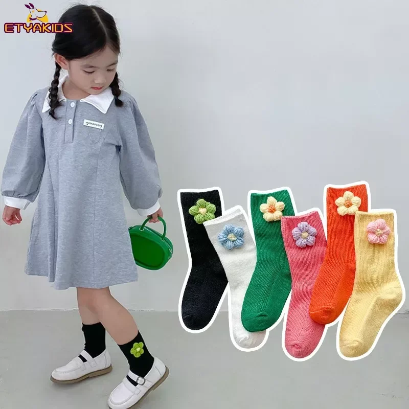 Cute Baby Handmade Knit Floral Socks Solid Color Middle Tube Kids Cotton Socks Newborn Infant Toddler Sockings 0-6years Old