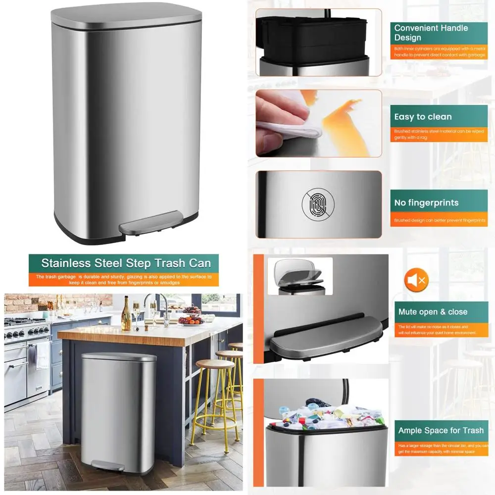 

Fingerprint-Resistant 13.2 Gallon Stainless Steel Kitchen Trash Bin with 50L Capacity and Removable Inner Bucket