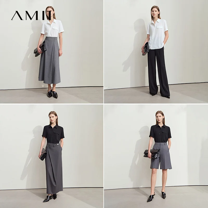 AMII Minimalistische Office Lady Blouses Dames 2025, Effen Korte Mouw Zomer Asymmetrische Turn-down Kraag Chiffon Shirts 12542219