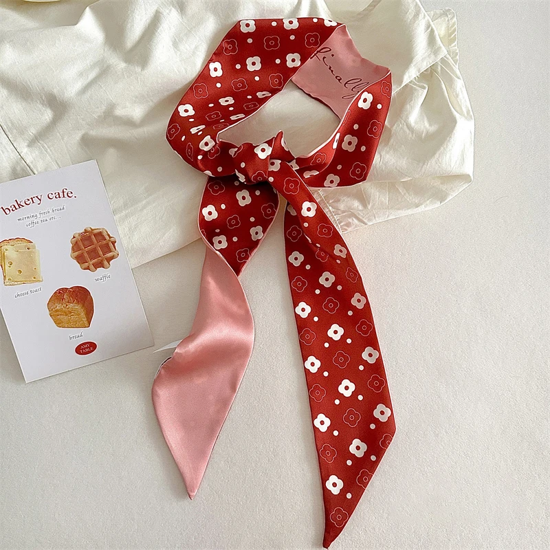 Luna&Dolphin Women Spring Skinny Long Scarf Red White Felower Love Print Chiffon Silk Tie Bag Ribbon Headband Choker